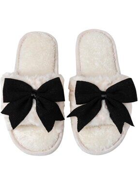 Women's Black Fuzzy Bow House Slippers Memory Foam Slides Open Toe Plush Fleece